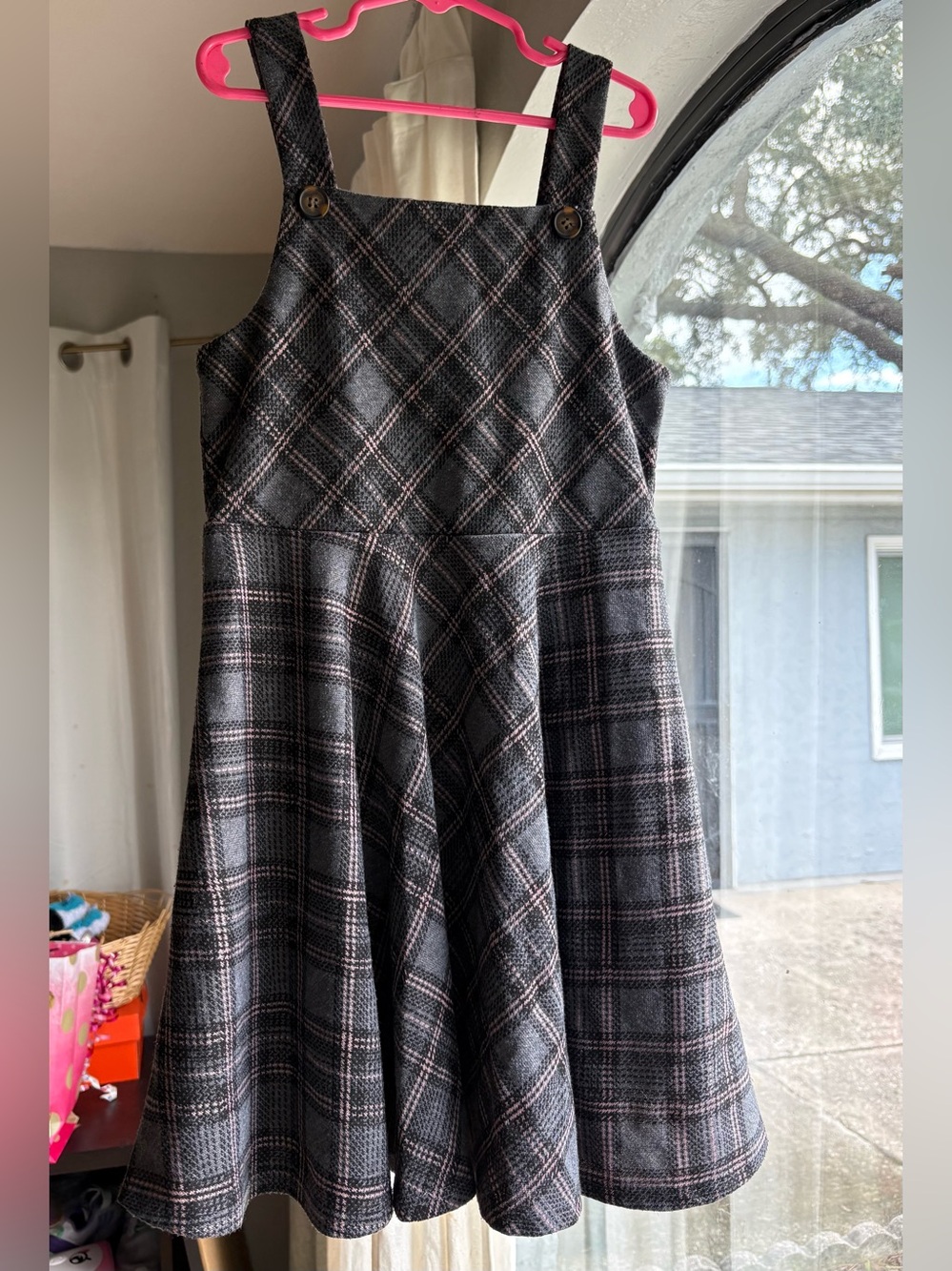 Beautees Black and Pink Plaid Pinafore Dress with Button Straps